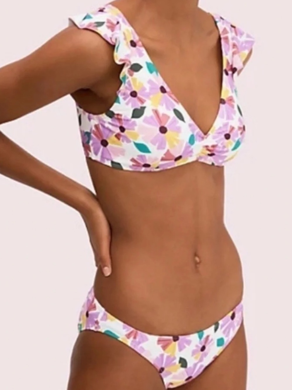Kate Spade White with Purple Floral 2 Piece Swim Suit Bikini Ruffled Straps